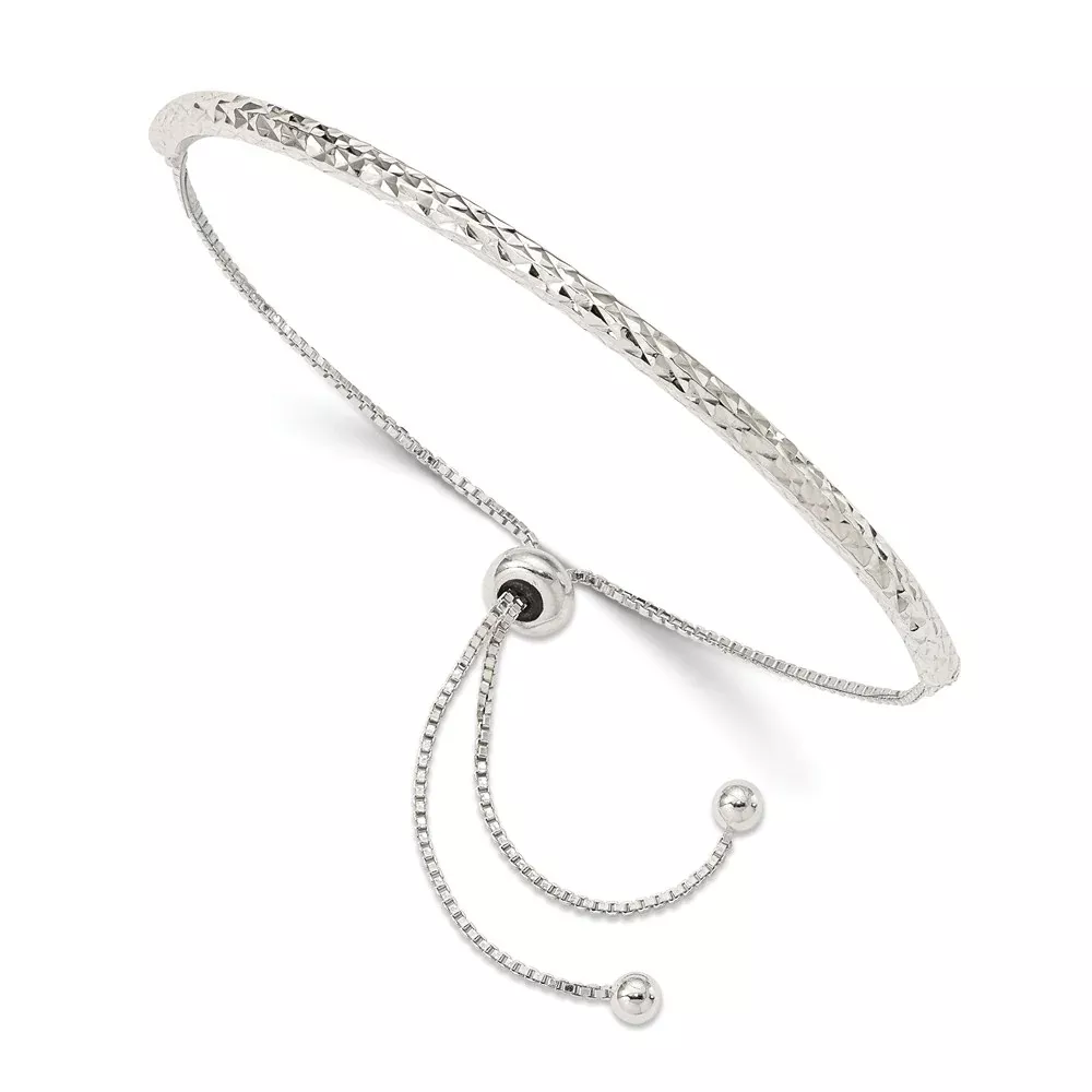 10.5 Inch Sterling Silver Rhodium-Plated Diamond Cut Adjustable Bracelet