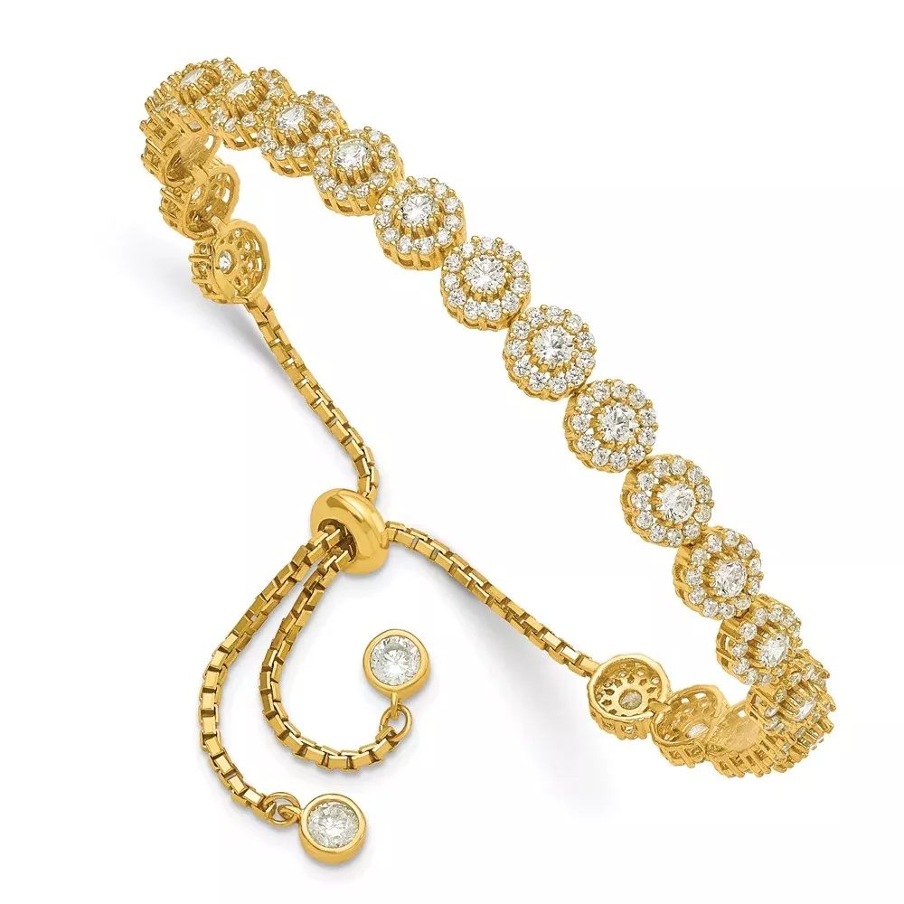 10 Inch Sterling Silver Gold-Tone Cz Halo Adjustable Bracelet