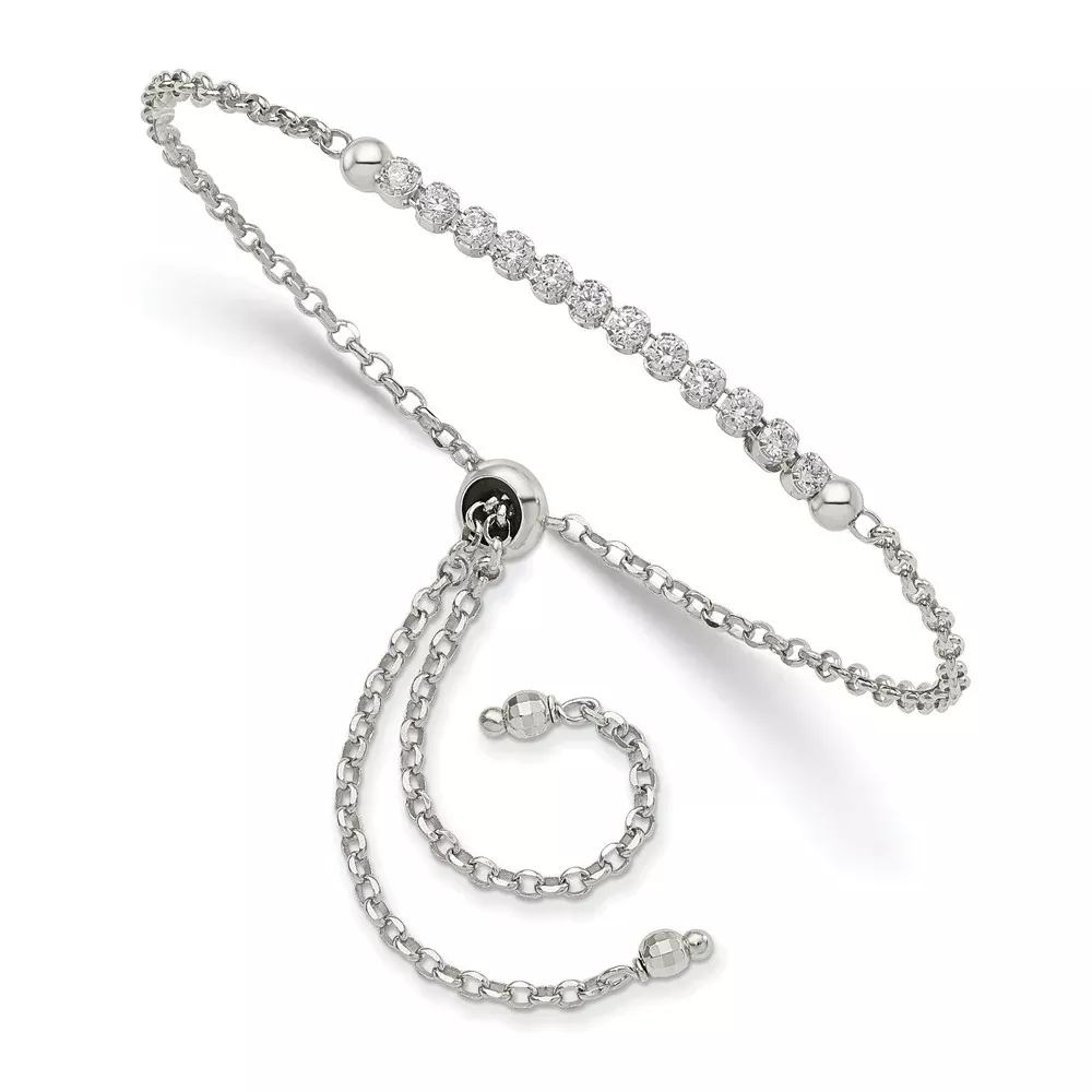 10 Inch Sterling Silver Rhodium-Plated Cz Adjustable Bracelet