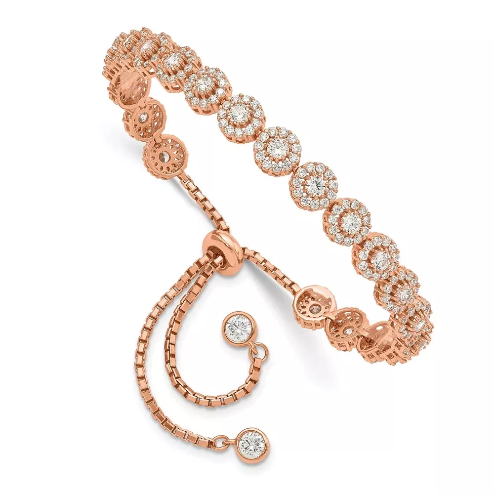 10 Inch Sterling Silver Rose-Tone Cz Halo Adjustable Bracelet