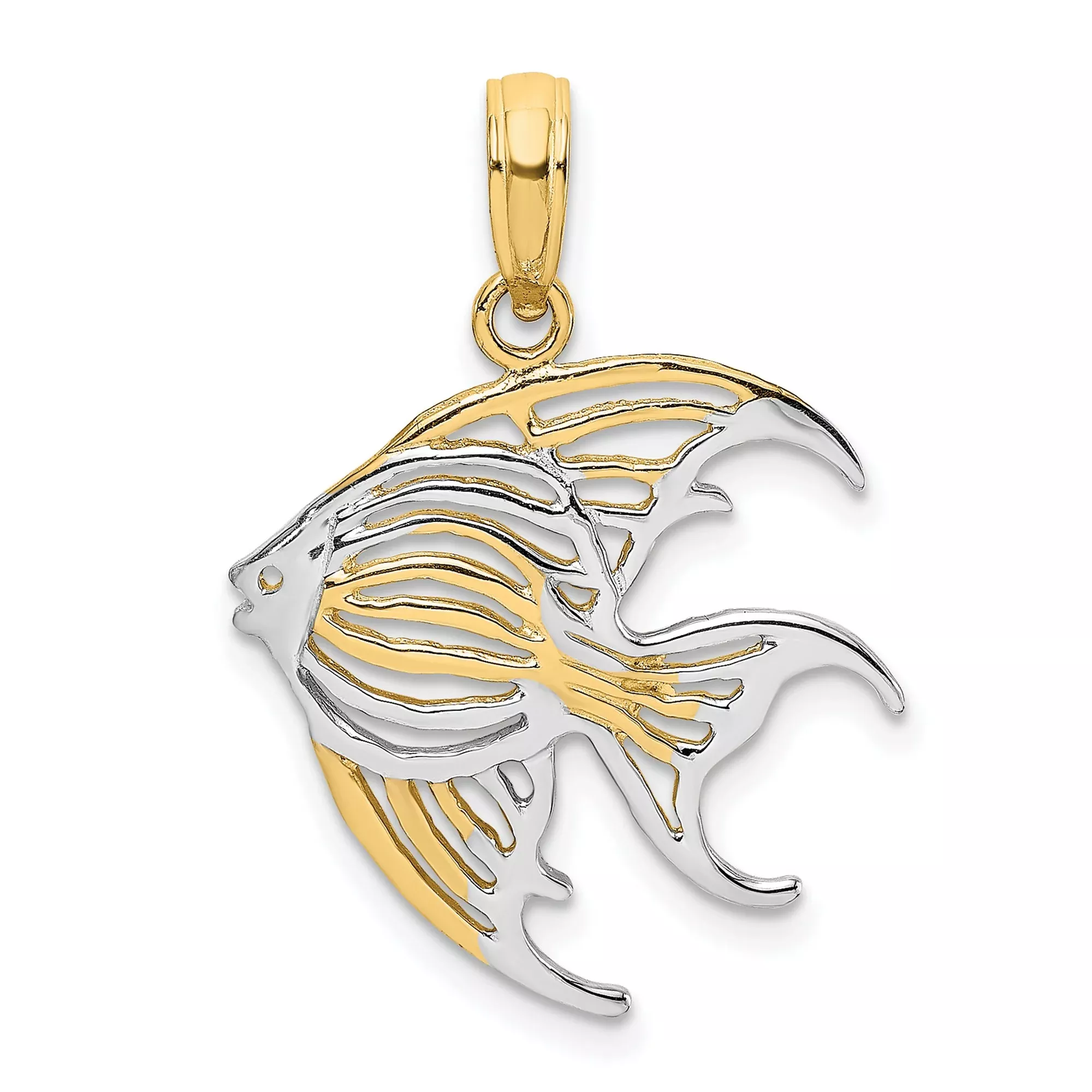 10k Multi-Tone Gold Angelfish Pendant, Openwork Cutout Design, Nautical Ocean Theme