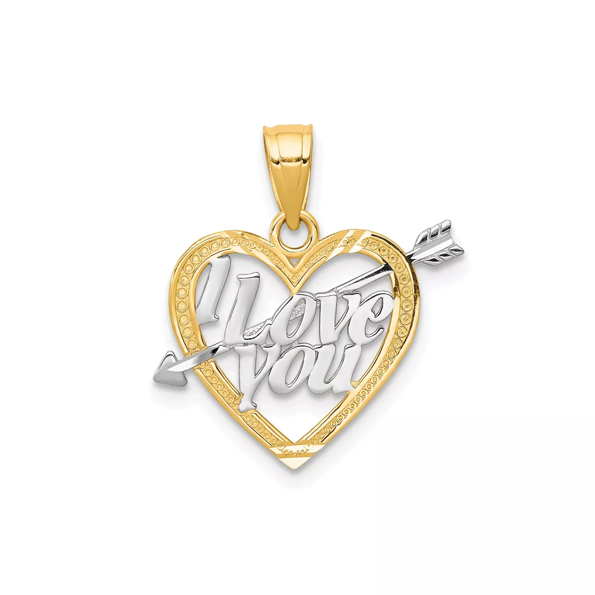 10k Multi-Tone Gold Heart Pendant with I Love You Inscription and Arrow Design