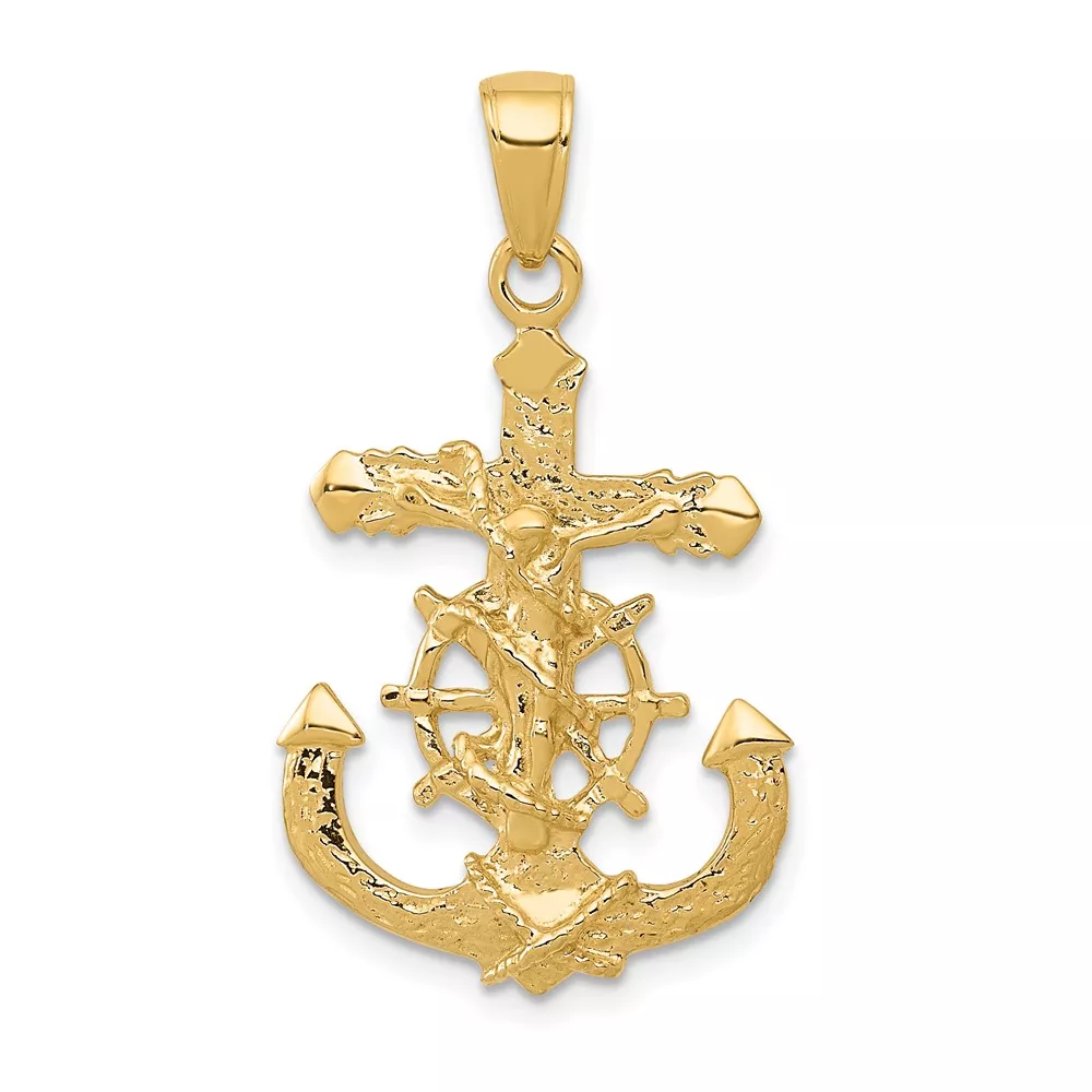 10K Polished & Textured 2-D Mariners Crucifix Rope/Wheel Pendant