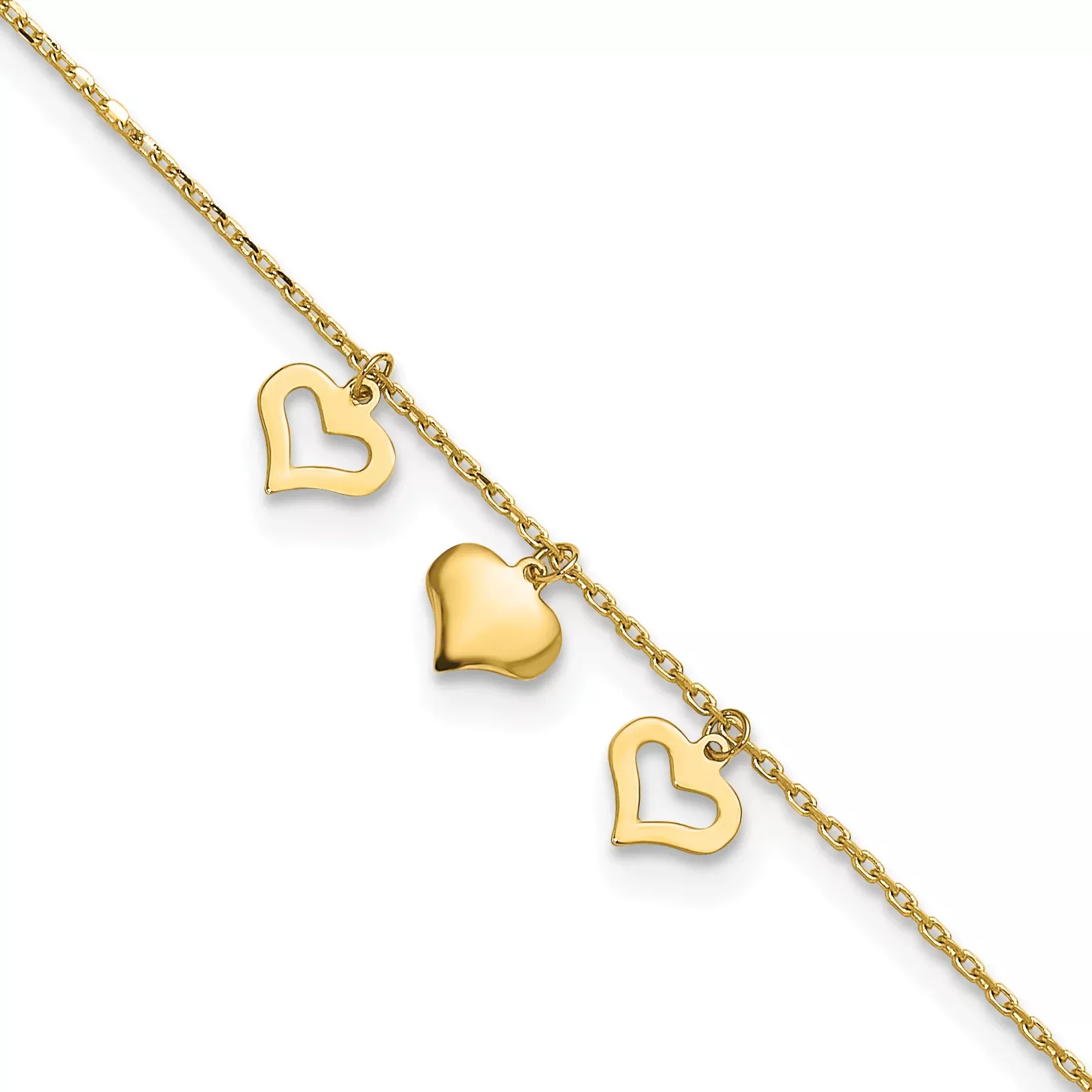 10k Polished Three Heart Dangles 9 inch Plus 1 inch Extender - Total 10 inch Anklet