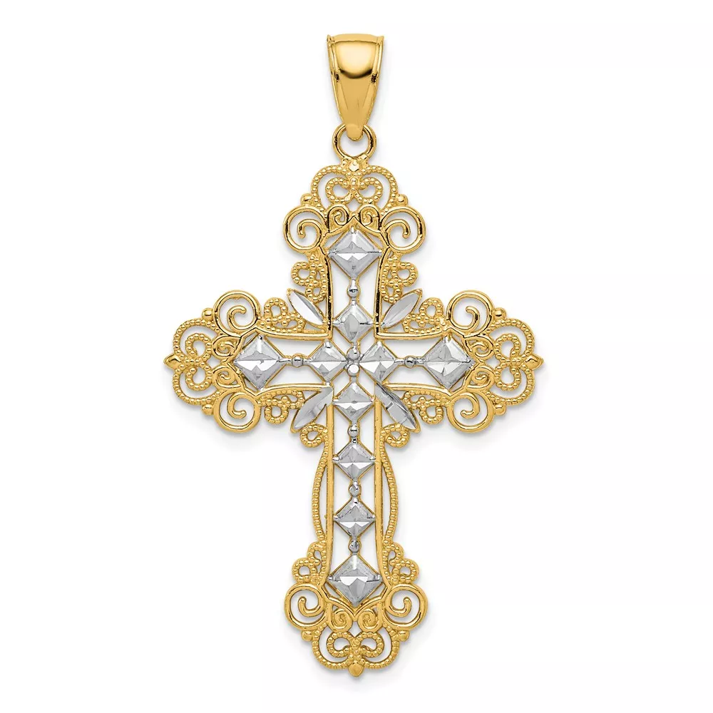 10K & Rhodium Polished & Textured Diamond Pattern Cross Pendant