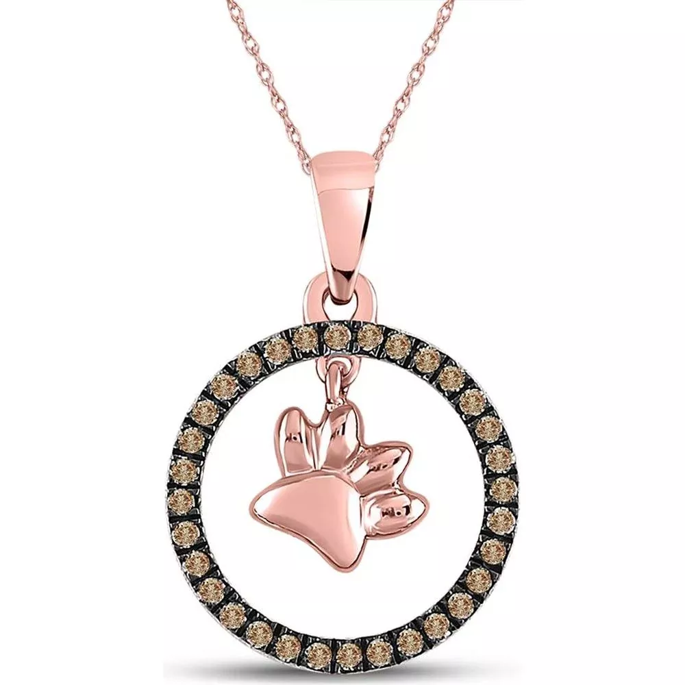 10K Rose Gold Circle Pendant with Prong-Set Round Brown Diamonds and Dog Paw Charm - 0.20 Carat Total Diamond Weight