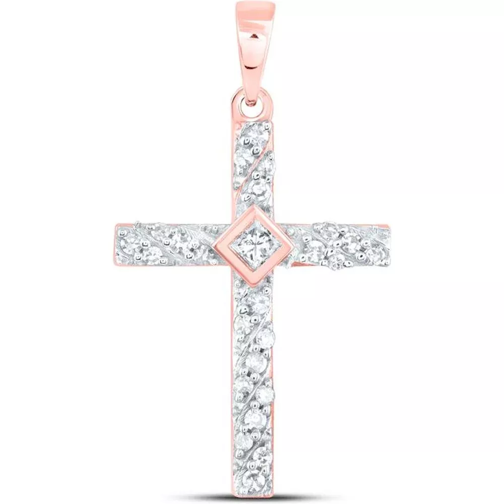 10K Rose Gold Cross Pendant with Invisible-Set Round and Princess Cut Diamonds - 0.25 Carat Total Diamond Weight