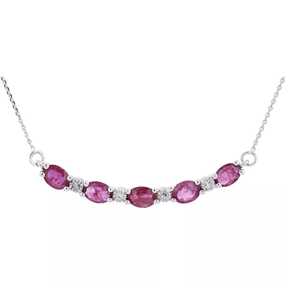 10K Rose Gold Curved Bar Necklace with Oval Rubies and Diamond Accents - 0.03 Carats Diamond Total Weight