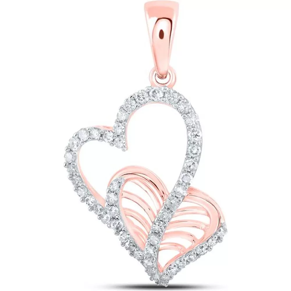 10K Rose Gold Double Heart Pendant with Prong-Set Round Diamonds - 0.30 Carat Total Diamond Weight