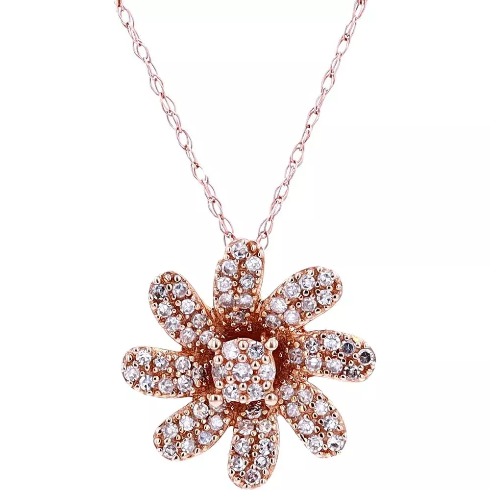 10K Rose Gold Floral Pendant Necklace with 1/4 Carat Total Weight Diamond Cluster
