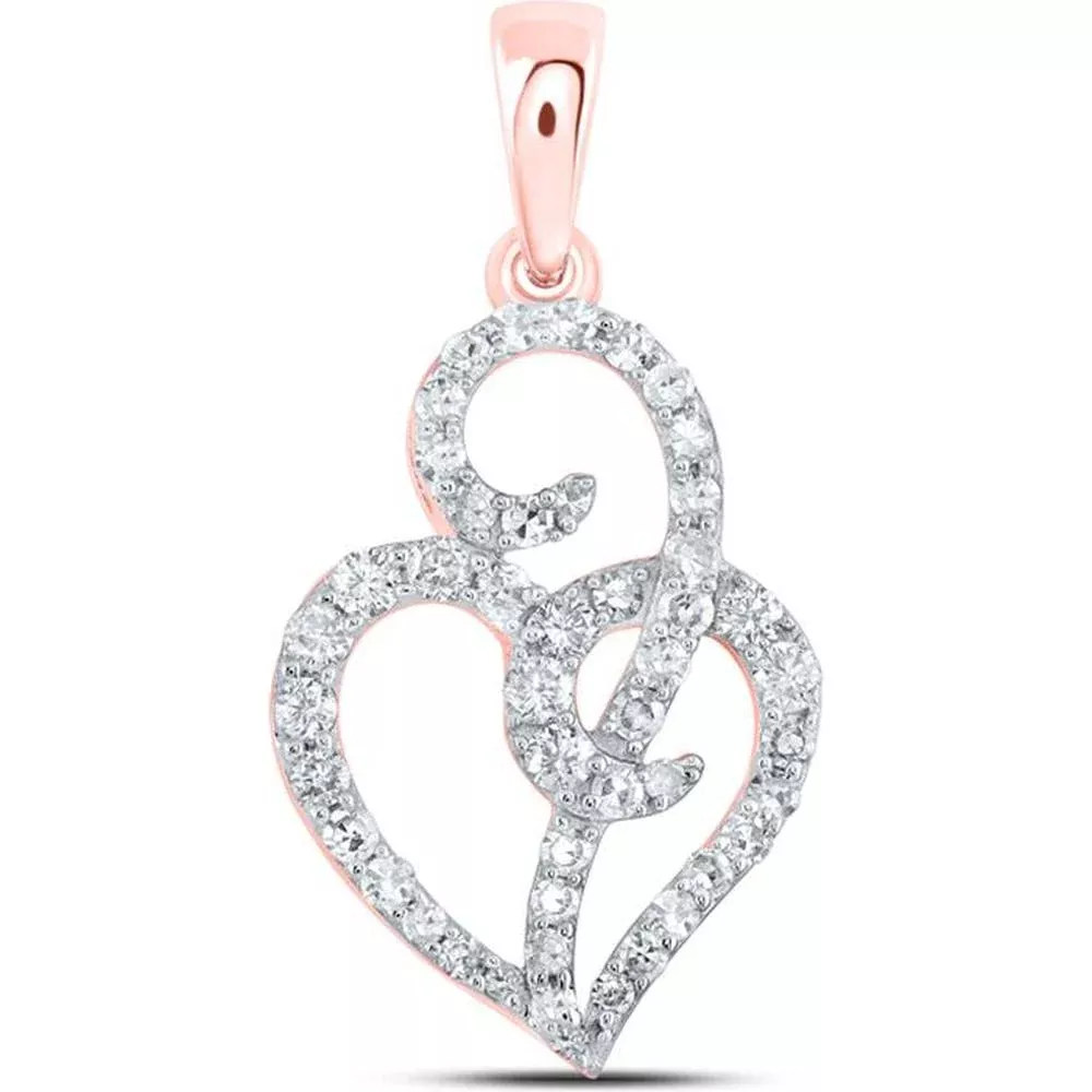 10K Rose Gold Heart Pendant with Prong-Set Round Diamonds - 1/3 Carat Total Diamond Weight