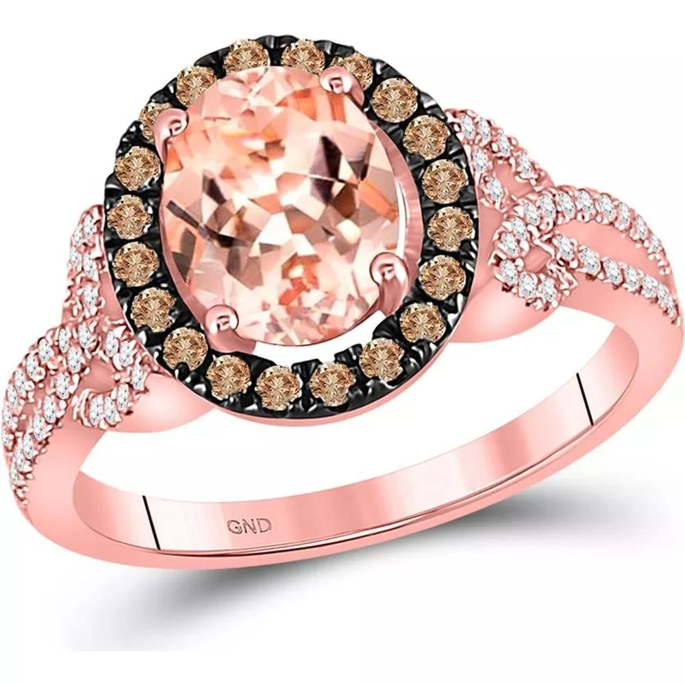 10K Rose Gold Oval Morganite & Brown Diamond Solitaire Ring - 2.33 Carat Total Gemstone Weight