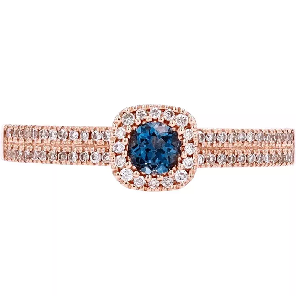10K Rose Gold Ring with London Blue Topaz and Cushion-Shaped Diamond Halo - 0.20 Carats Total Gem Weight