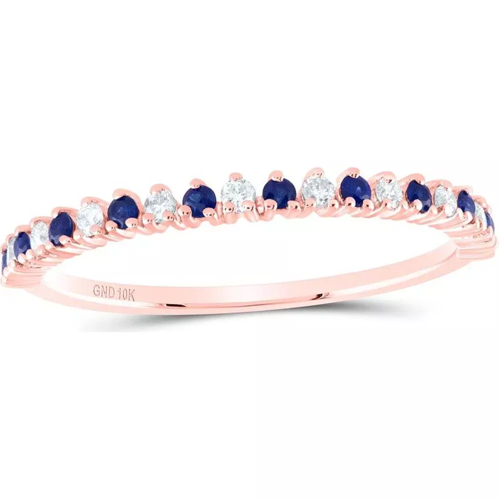 10K Rose Gold Stackable Band Ring with Prong-Set Round Blue Sapphires and Diamonds - 1/5 Carat Total Gemstone Weight