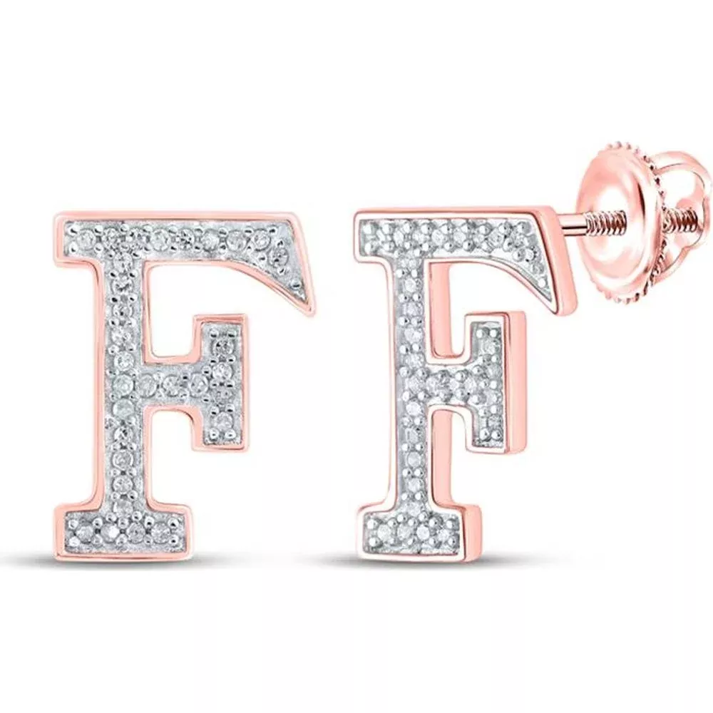 10K Rose Gold Stud Earrings with Prong-Set Round Diamonds in "F" Initial Design - 1/8 Carat Total Diamond Weight