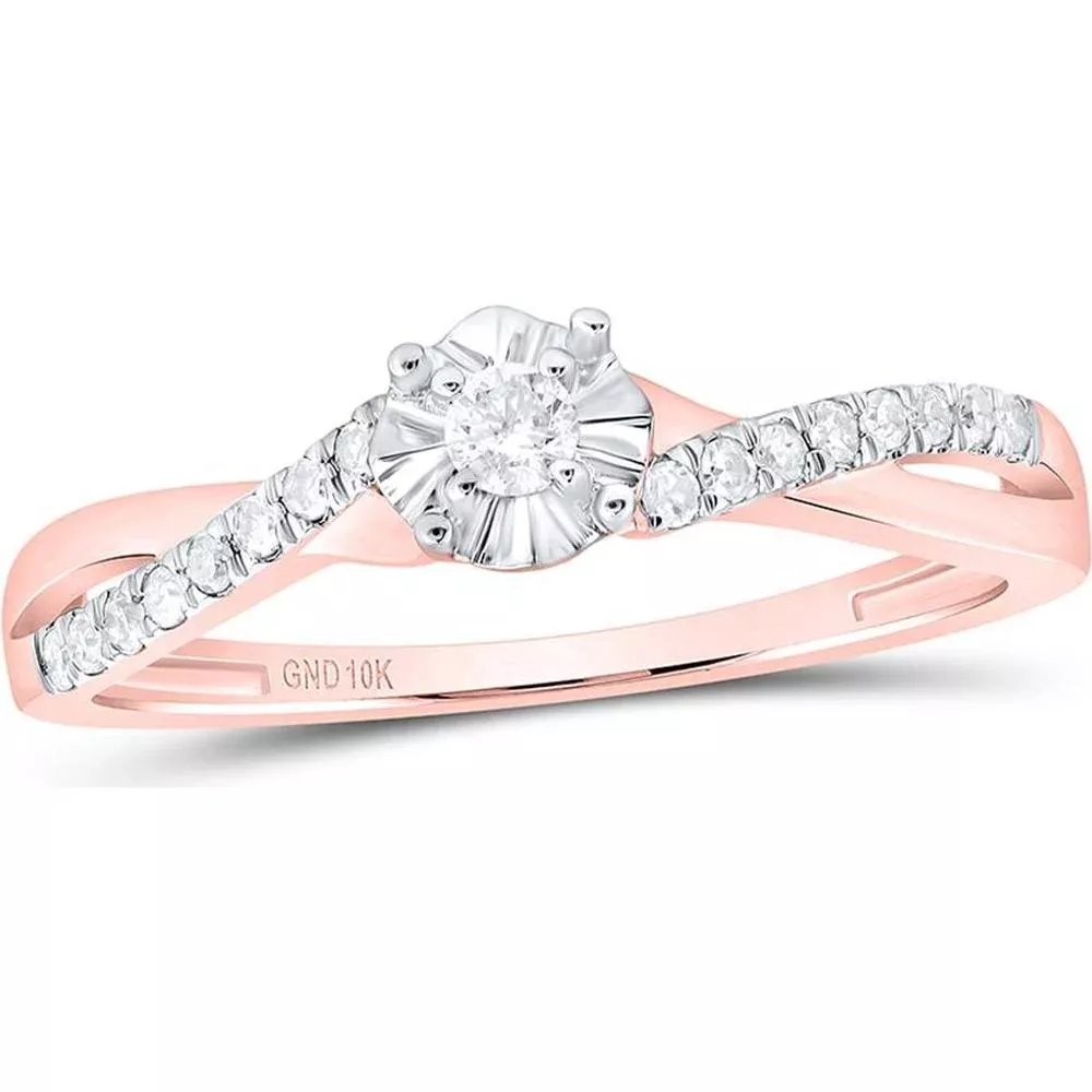 10K Rose Gold Twist Promise Ring with Illusion-Set Round Diamond Center and Diamond Accents - 1/6 Carat Total Weight