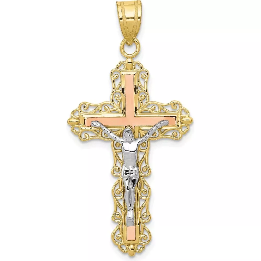 10K Tri-Color Gold Diamond-Cut Crucifix Pendant - 43mm Length by Oro Pregiato