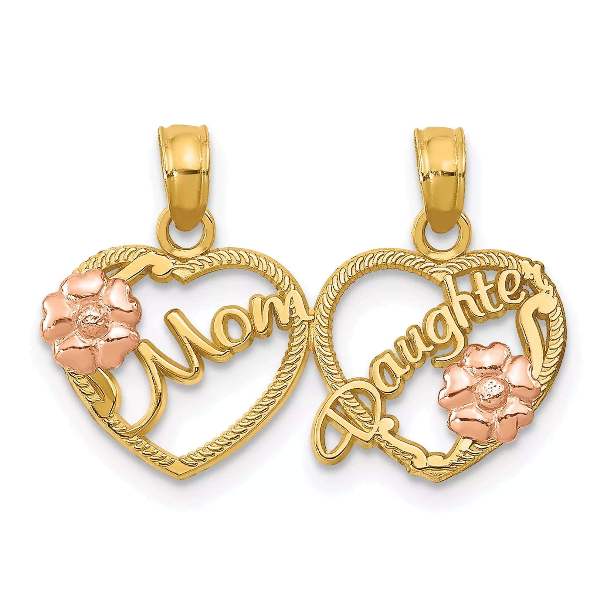 10k Two-Tone Gold Heart Pendant with Mom and Daughter Script and Rose Gold Flower Accents