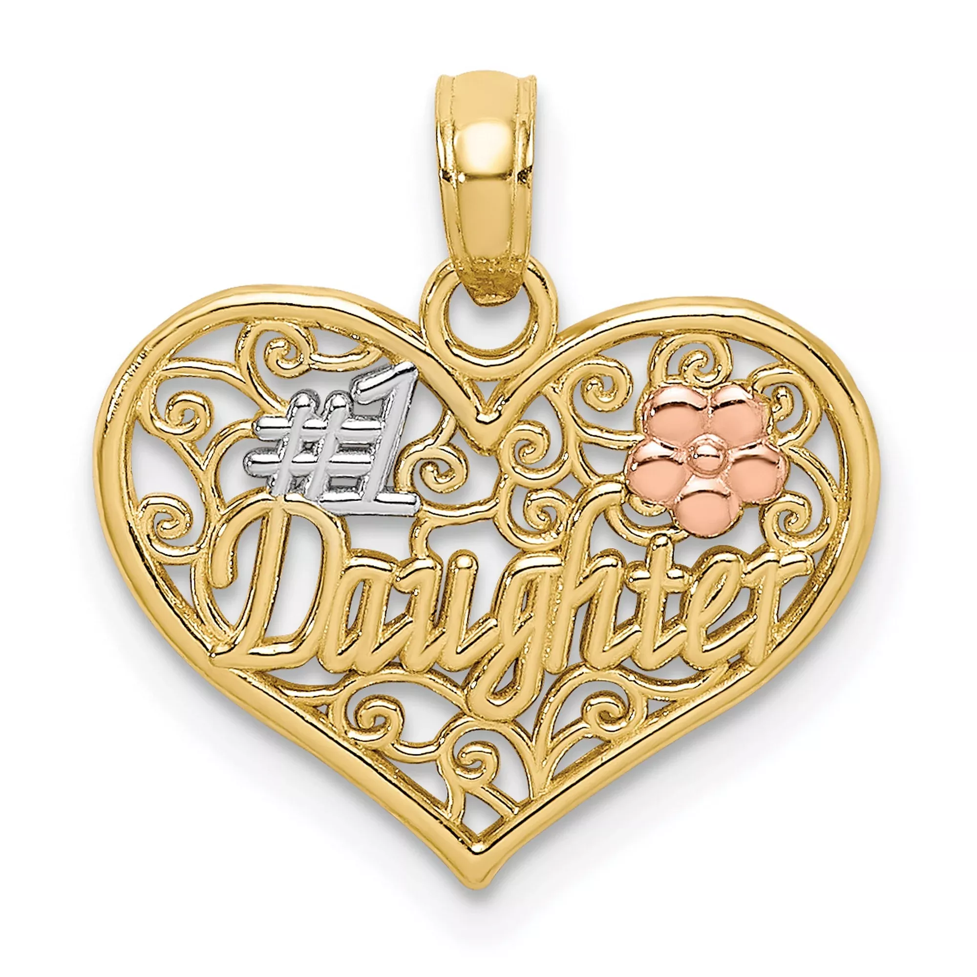 10k Two-Tone Gold Heart Pendant with Rose Gold Flower and Number 1 Daughter Message