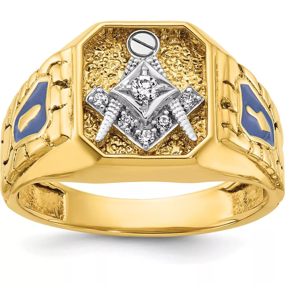 10K Two-Tone Gold Men’s Polished and Textured Masonic Ring with Round Diamonds - 0.06 Carats Total Diamond Weight by IBGoodman