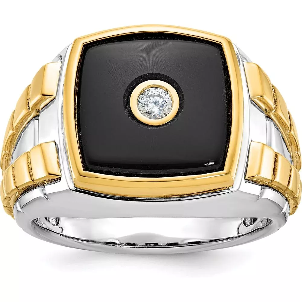 10K Two-Tone Gold Men's Ring with Round Diamond and Cushion Onyx - 0.103 Carats Diamond Weight by IBGoodman