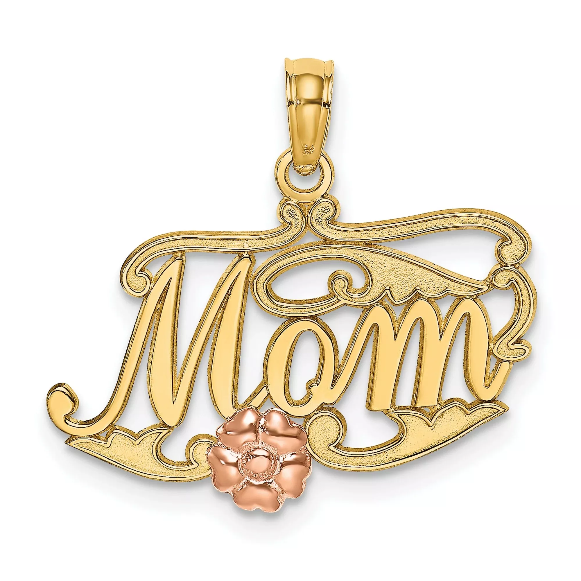 10k Two-Tone Gold Mom Pendant with Rose Gold Flower Accent, Script Design for Women