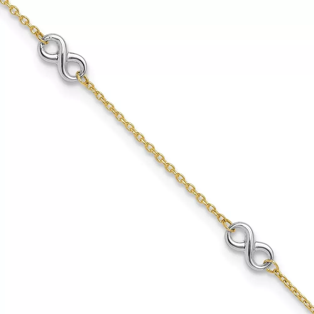 10K Two-Tone Gold Polished Infinity 5-Station Anklet with Adjustable 1" Extender - 10" Length by Oro Pregiato