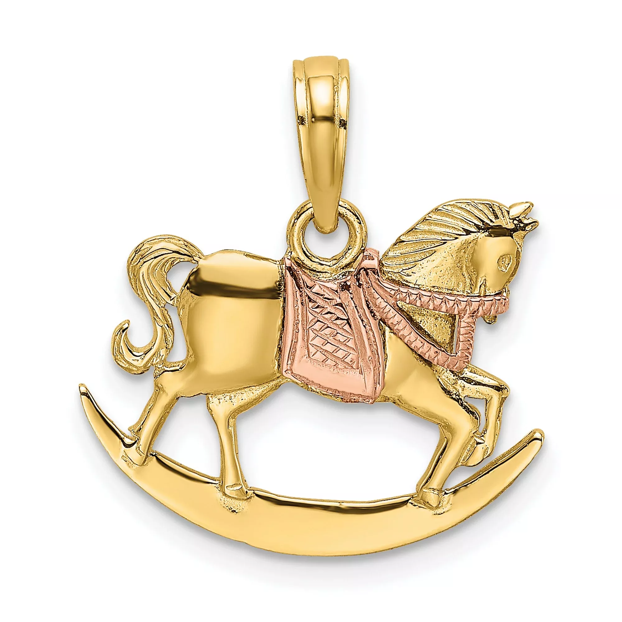 10k Two-Tone Gold Rocking Horse Pendant with Yellow and Rose Gold Accents, Nostalgic Charm