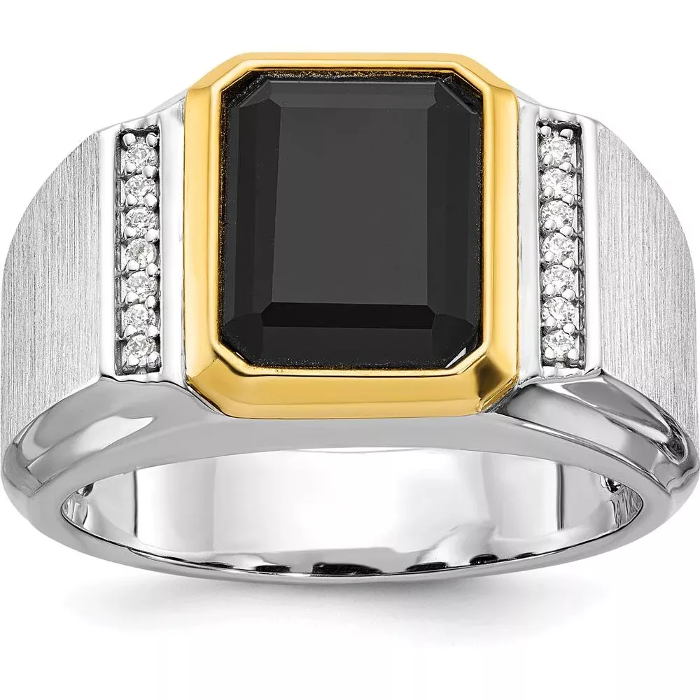 10K Two-Tone Men's Ring with Black Stone and Diamond Accents by IBGoodman