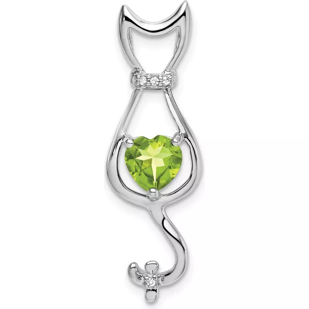 10K White Gold Peridot Heart-Shaped Cat Pendant with Round Diamond Accents - 0.99 Carat Total Peridot Weight by Lumare Gioia