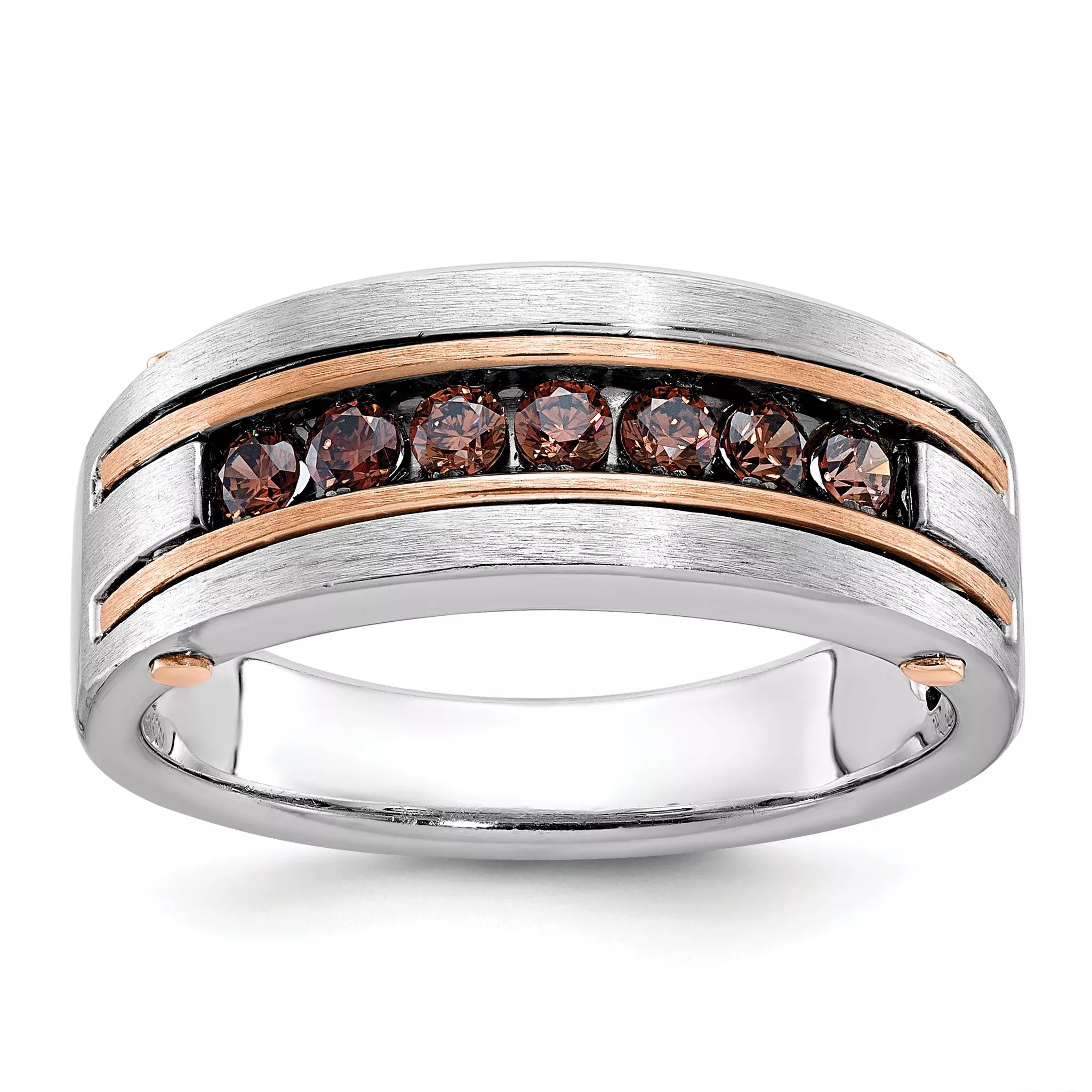 10k White and Rose Gold Men's Polished and Satin 7-Stone 1/2 Carat Brown Diamond Ring