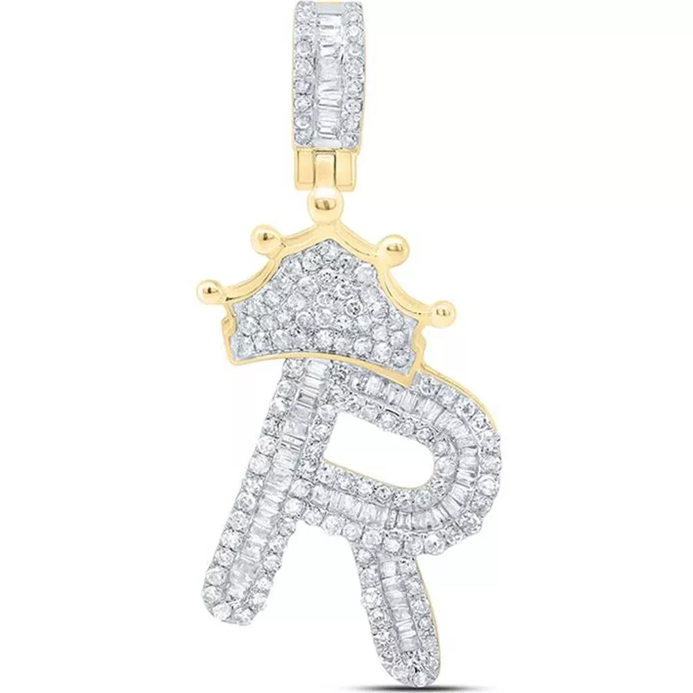 10K Yellow Gold Baguette Diamond "R" Crown Charm Pendant with Round Diamonds - 3/4 Carat Total Diamond Weight