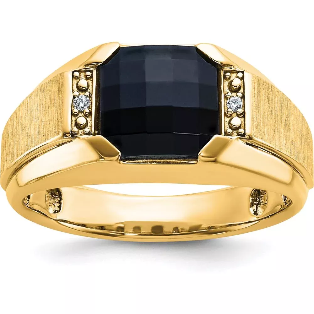 10K Yellow Gold Men's Polished and Satin Onyx Ring with 2 A-Quality Round Diamonds - 0.02 Carats Total Diamond Weight by IBGoodman
