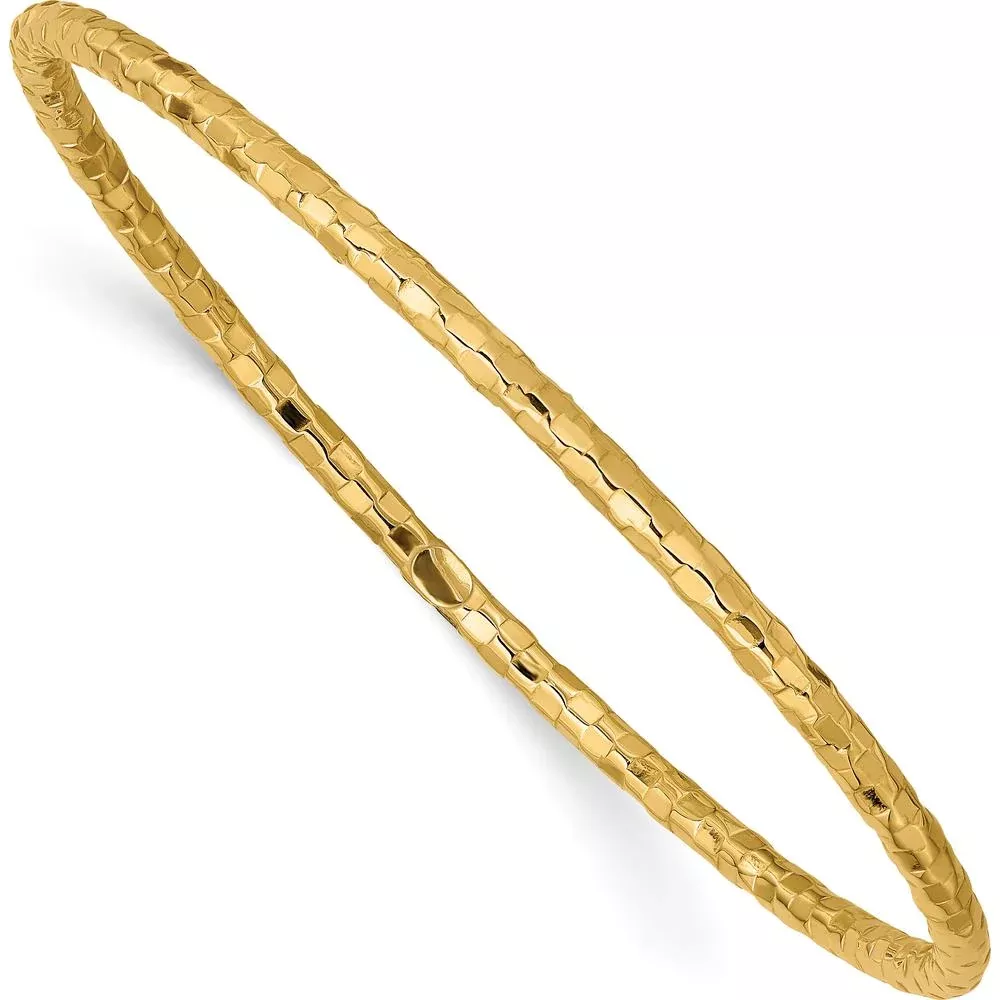 10K Yellow Gold Polished Textured Slip-on Bangle Bracelet - 8", 3mm Width by Oro Pregiato