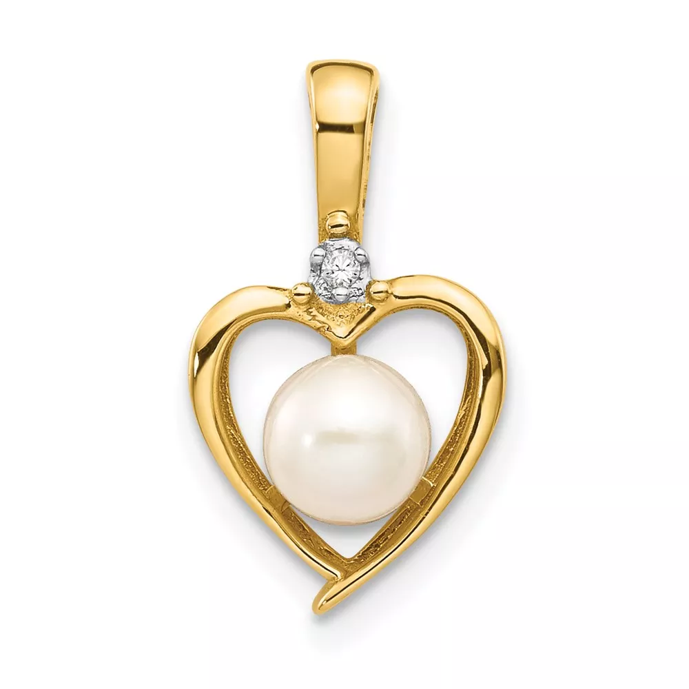 14k 5.5mm June/Freshwater Cultured Pearl and Diamond Heart Pendant
