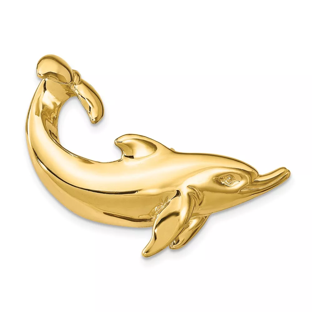 14k Large Polished Dolphin with Tail Up Omega Slide