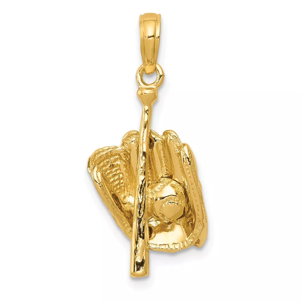 14K Polished 3-D Glove/Bat/Baseball Pendant