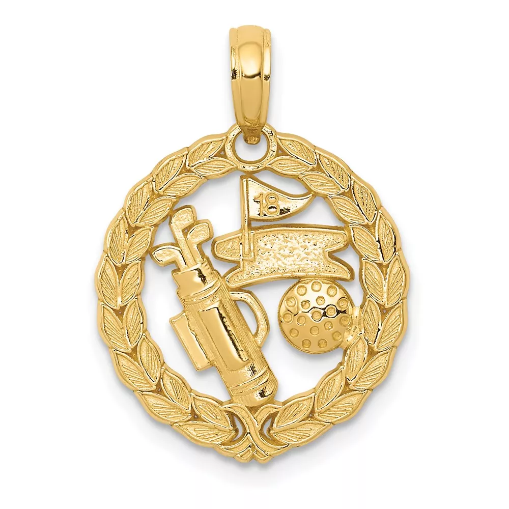 14k Solid Polished Golf Theme Circle Pendant