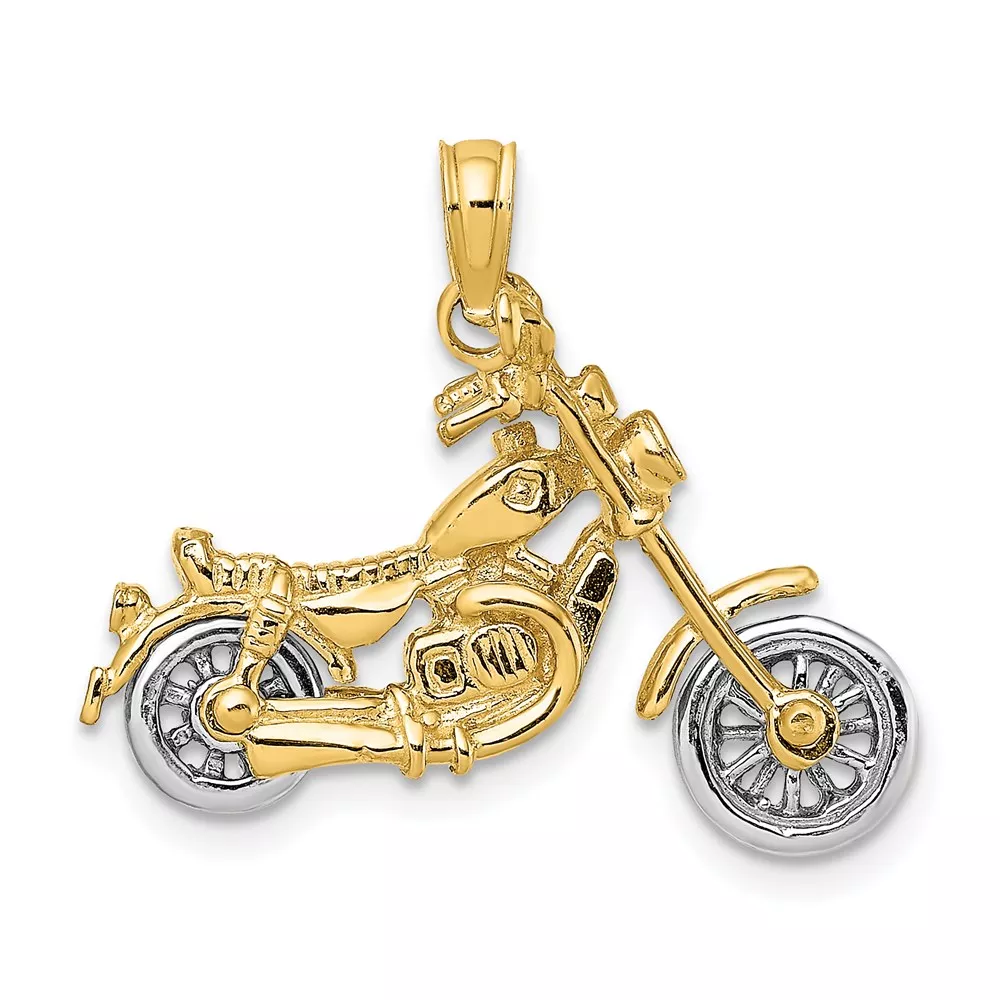 14k Two-tone 3-D Chopper Motorcycle with Moveable Wheels Charm