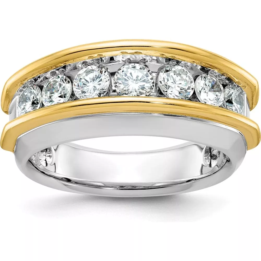 14K Two-Tone Gold Men's Polished Band Ring with 7 Stone Settings - Ideal for Custom Diamond or Gemstone Inlays by IBGoodman