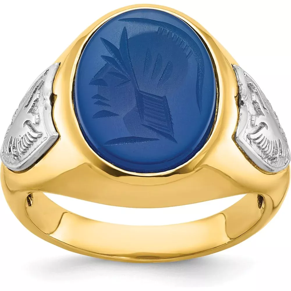 14K Two-Tone Gold Men's Ring with Engraved Blue Sapphire - Unique Contemporary Design by IBGoodman