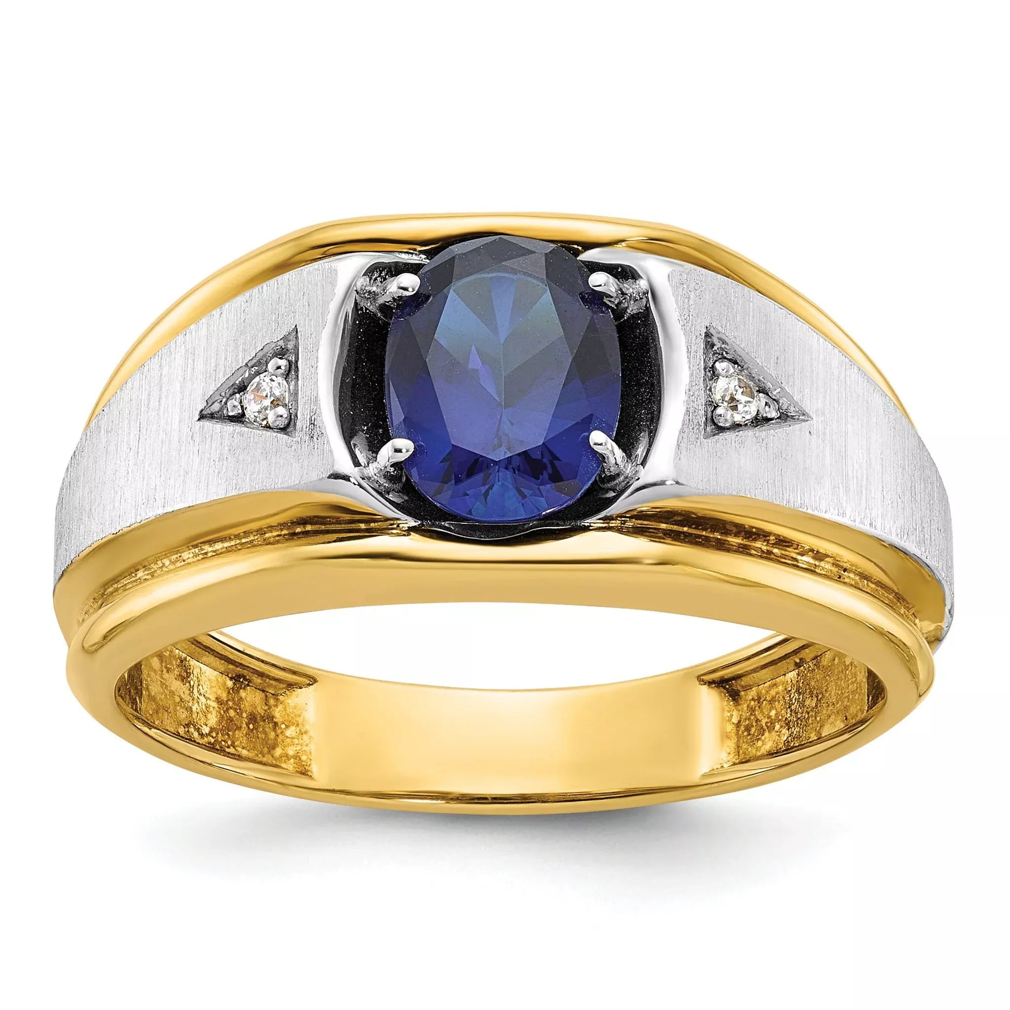 14K Two-Tone Men's Polished Satin and Grooved Lab Created Sapphire and AA Quality Diamond Ring - 0.03 Carats Total Diamond Weight by IBGoodman