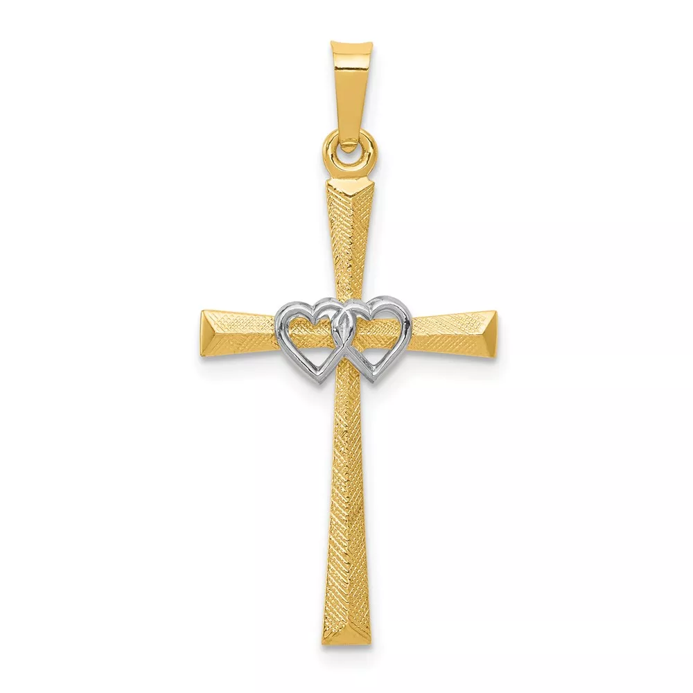14K Two-tone Textured and Polished Latin Cross with Hearts Pendant