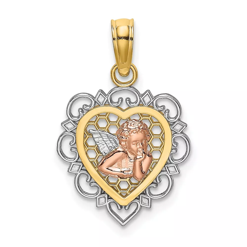 14K Two-tone and White Rhodium Small Angel In Scalloped Edge Heart Charm