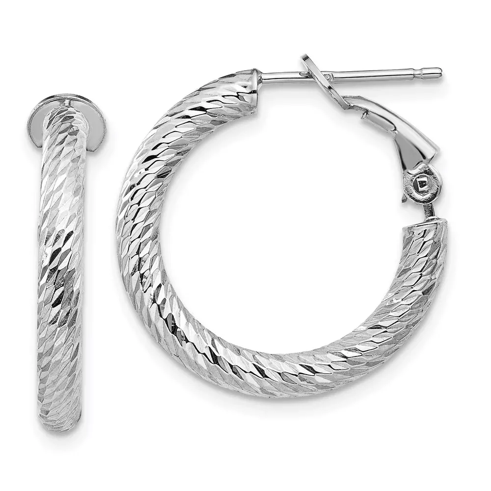 14K White Gold 3X15mm Diamond-Cut Round Omega Back Hoop Earrings
