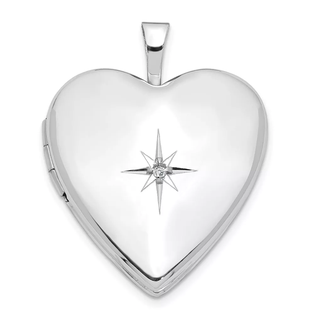14K White Gold Diamond Star 20mm Heart Locket