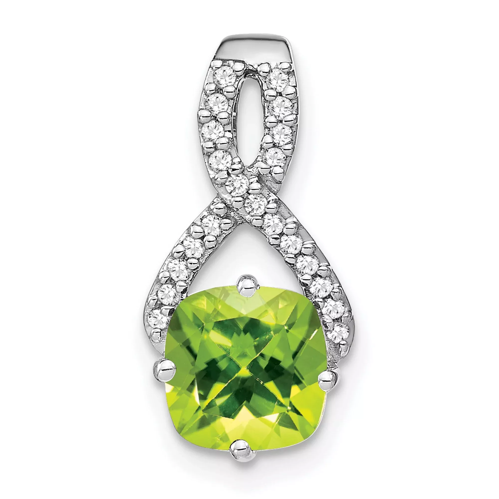 14k White Gold Infinity Pendant with Cushion Cut Peridot and Diamond Accents