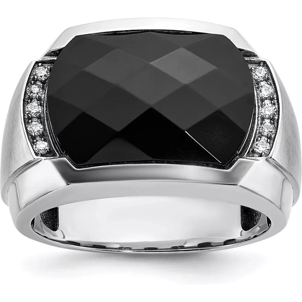 14K White Gold Men's Faceted Onyx and Diamond Ring with Polished and Satin Band - 1/10 Carat Total Diamond Weight by IBGoodman