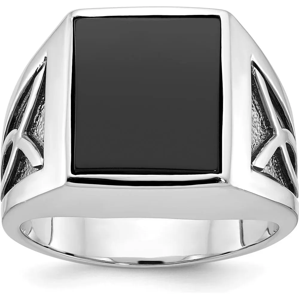 14K White Gold Men's Onyx Ring with Rhodium Plating - Bold Masculine Design by IBGoodman