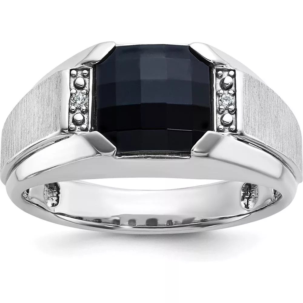 14K White Gold Men's Polished and Satin Gemstone Ring with Diamond Accents by IBGoodman